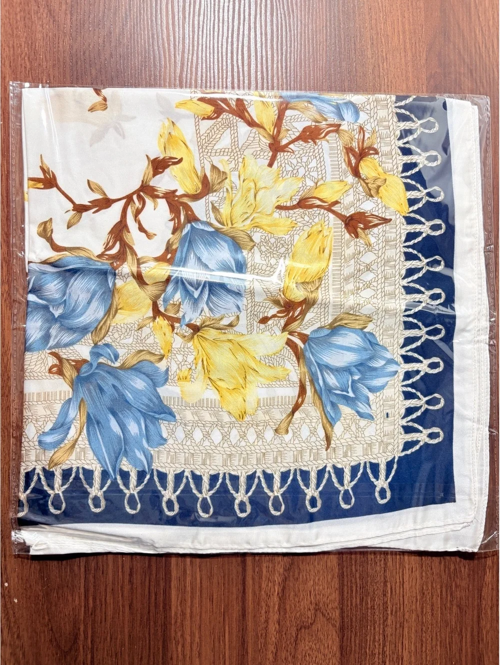 Elegant Floral Scarf with Blue and Yellow Flowers on Navy and White Border